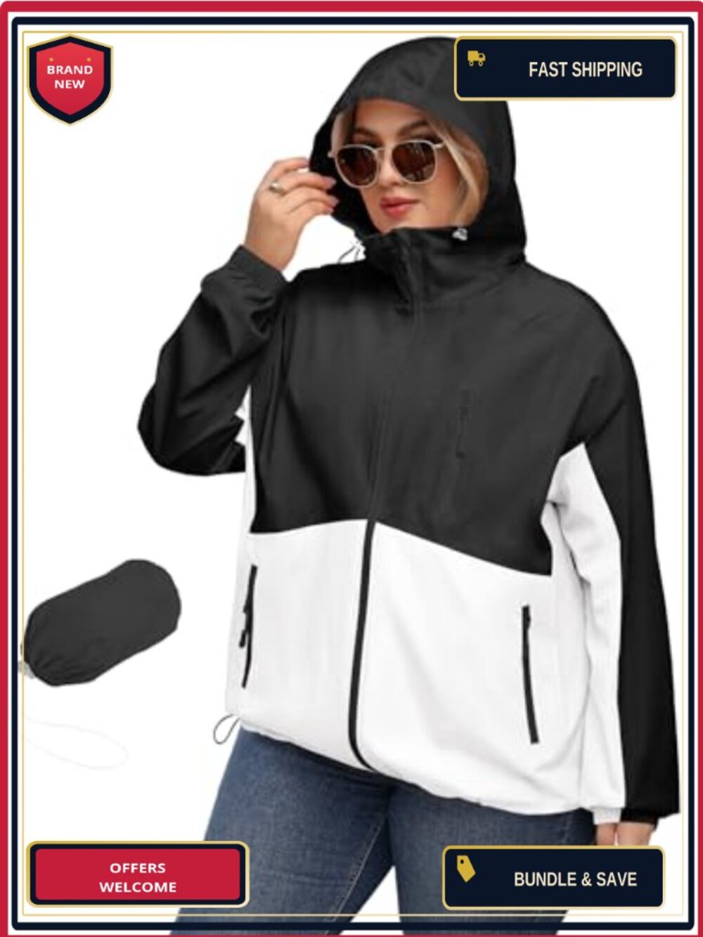 Plus Size Waterproof Rain Jacket with Hood Polyester Windbreaker Outdoor Coat